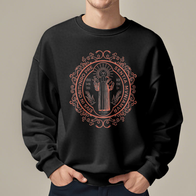 Christiandiscipleshop Classic Style Floral St. Benedict Embelm Fleece Lined Polyester Sweatshirt