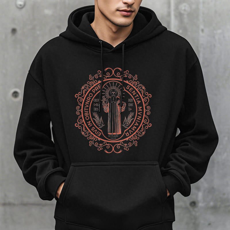 Christiandiscipleshop Classic Style Floral St. Benedict Embelm Fleece Lined Polyester Hoodie