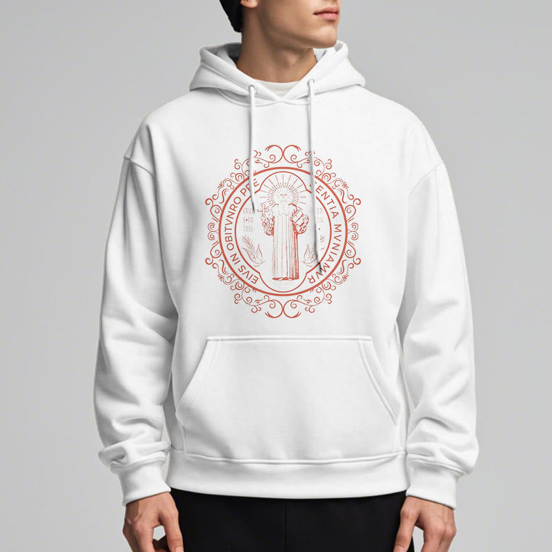 Christiandiscipleshop Classic Style Floral St. Benedict Embelm Fleece Lined Polyester Hoodie