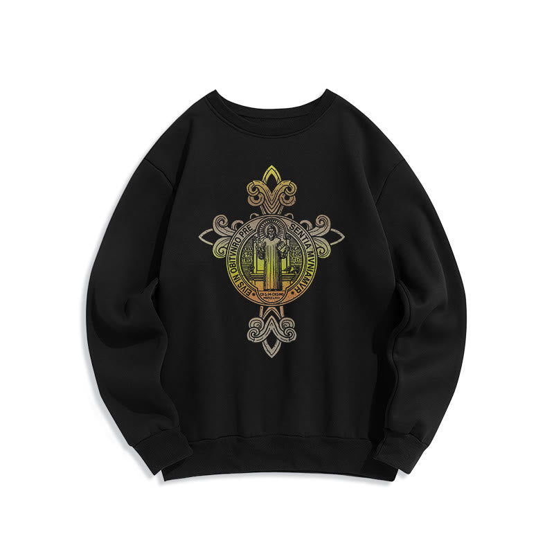 Christiandiscipleshop Colored Style St. Benedict Emblem Scrollwork Fleece Lined Polyester Sweatshirt