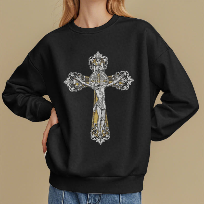 Christiandiscipleshop Classic Style St. Benedict Cruxifix Faith Fleece Lined Polyester Sweatshirt