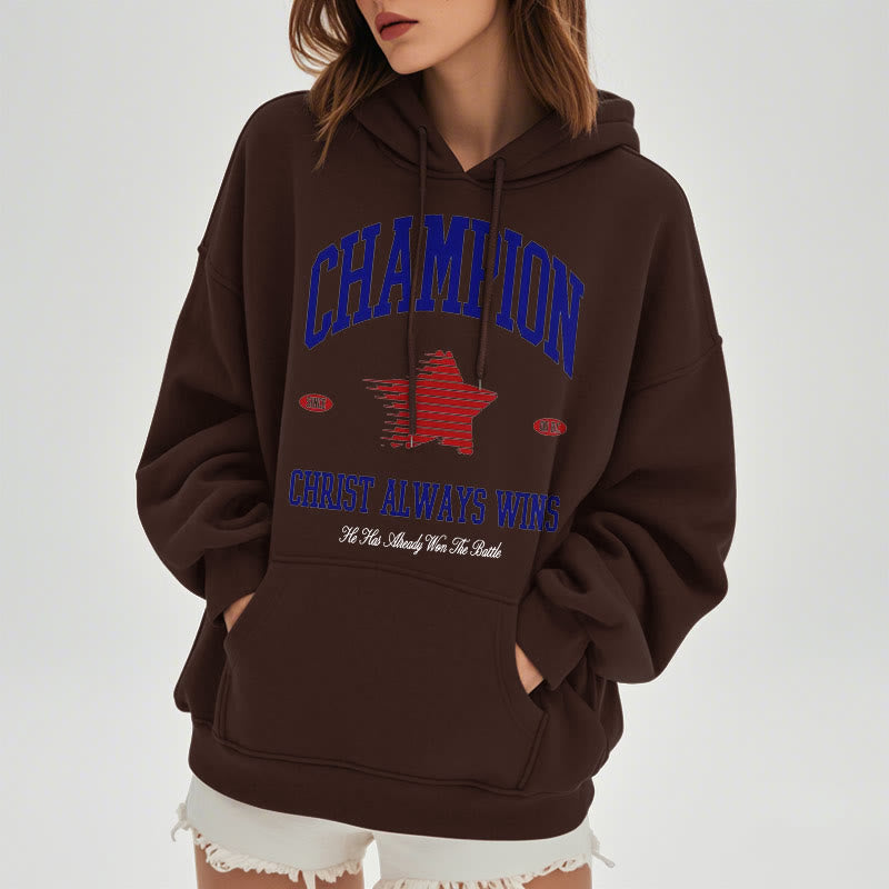 christiandiscipleshop Modern Style Champion Christ Always Wins Fleece Lined Polyester Hoodie