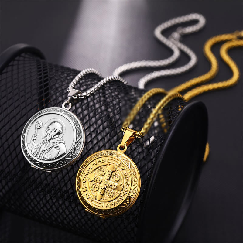 Christiandiscipleshop Classic Style St. Benedict Engraved Two Sided Locket Pendant Necklace