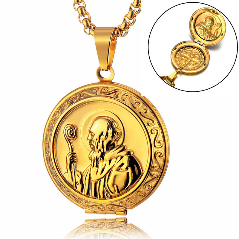 Christiandiscipleshop Classic Style St. Benedict Engraved Two Sided Locket Pendant Necklace