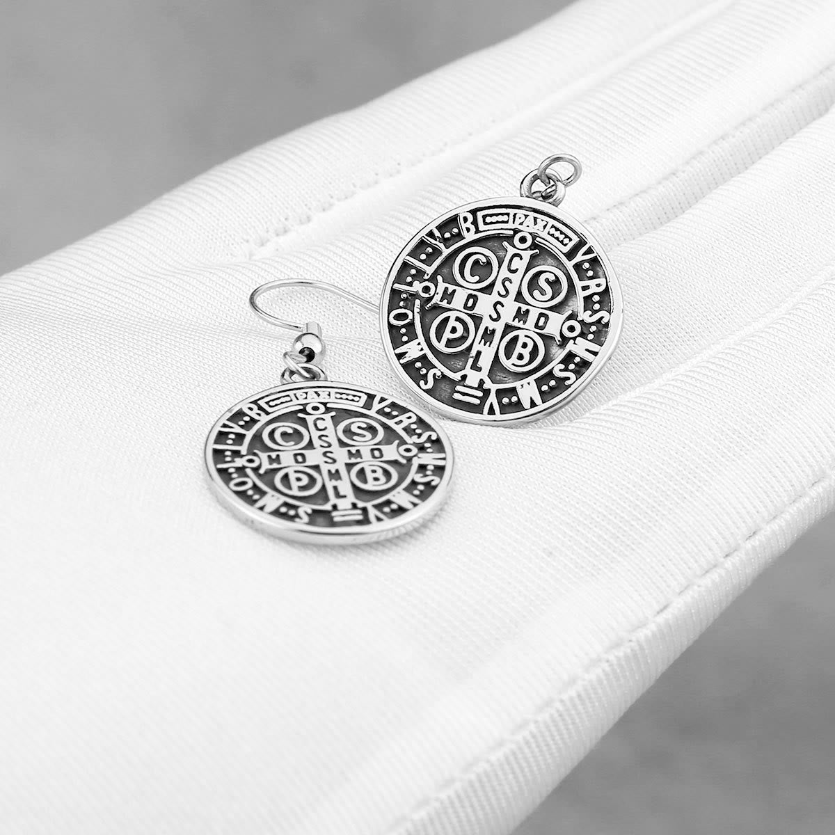 Christiandiscipleshop Classic Style St. Benedict Engraved Emblem Divine Protection Earrings