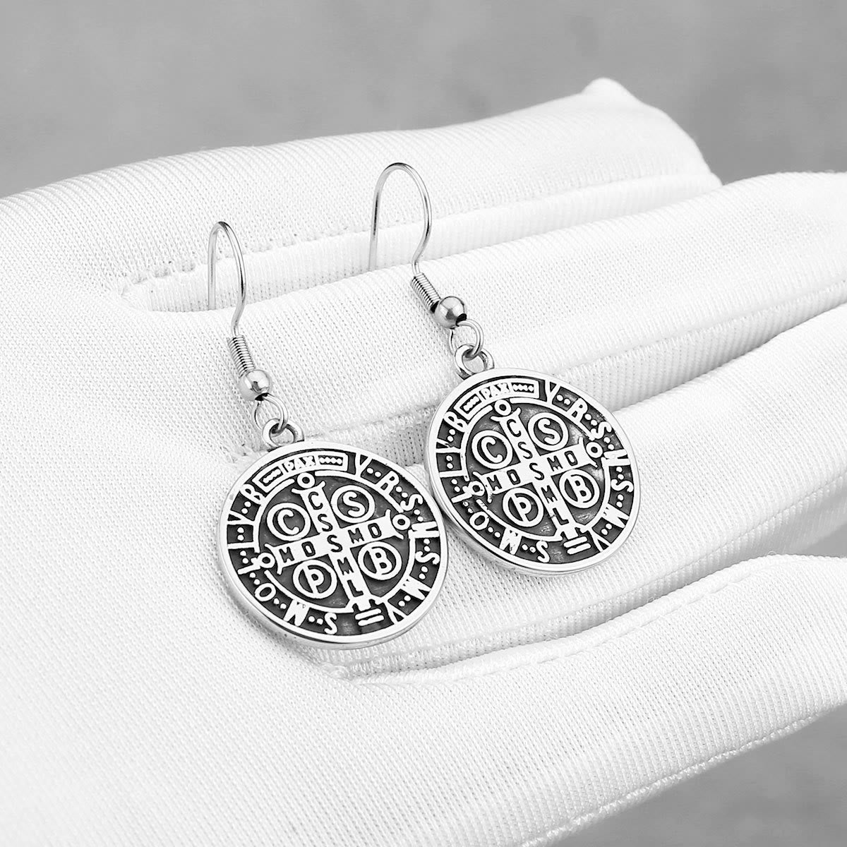 Christiandiscipleshop Classic Style St. Benedict Engraved Emblem Divine Protection Earrings