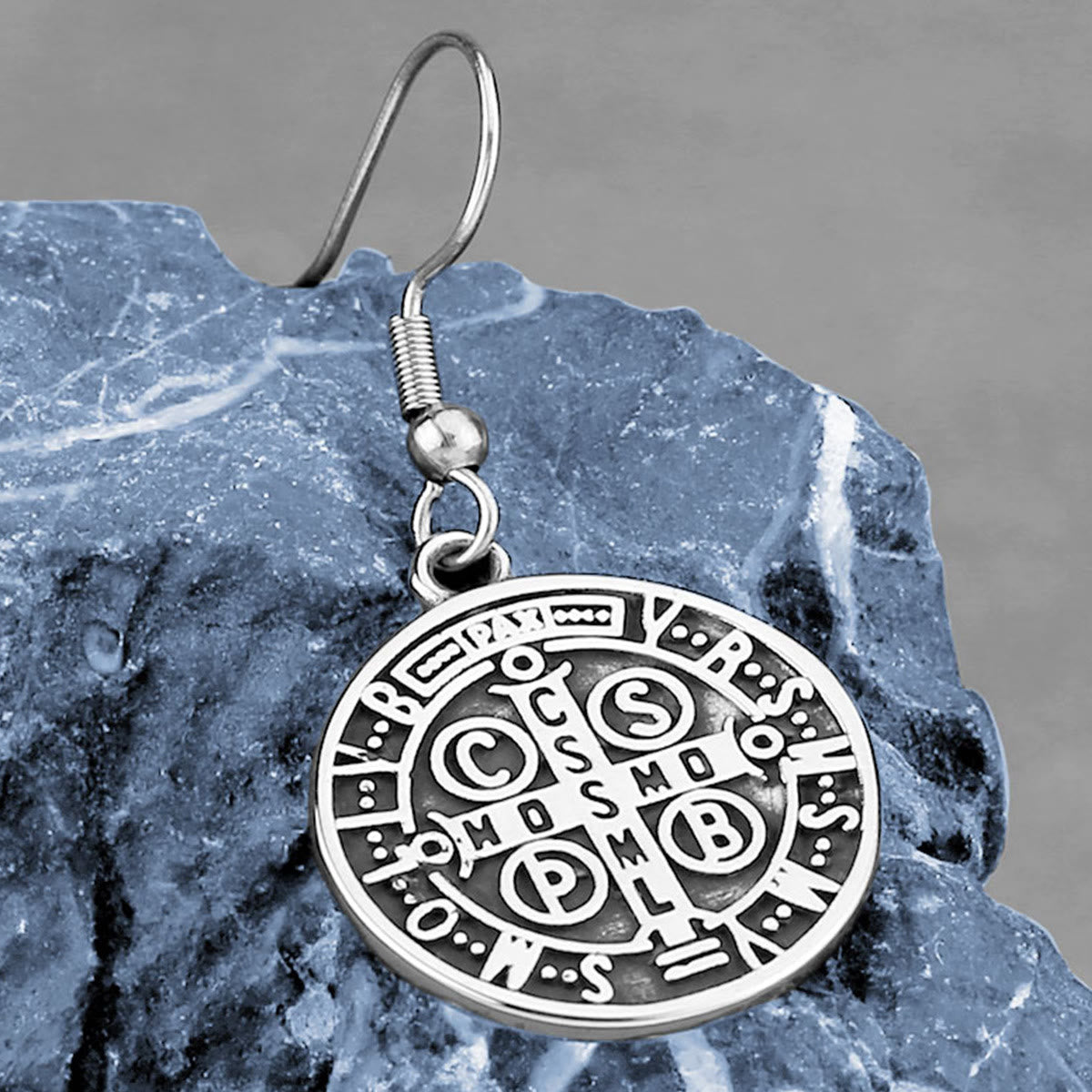 Christiandiscipleshop Classic Style St. Benedict Engraved Emblem Divine Protection Earrings