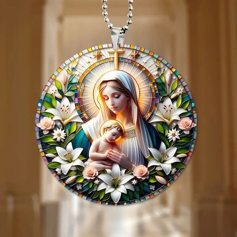 Christiandiscipleshop Realistic Style Virgin Mary Floral Wreath Star Christmas Hanging Ornaments