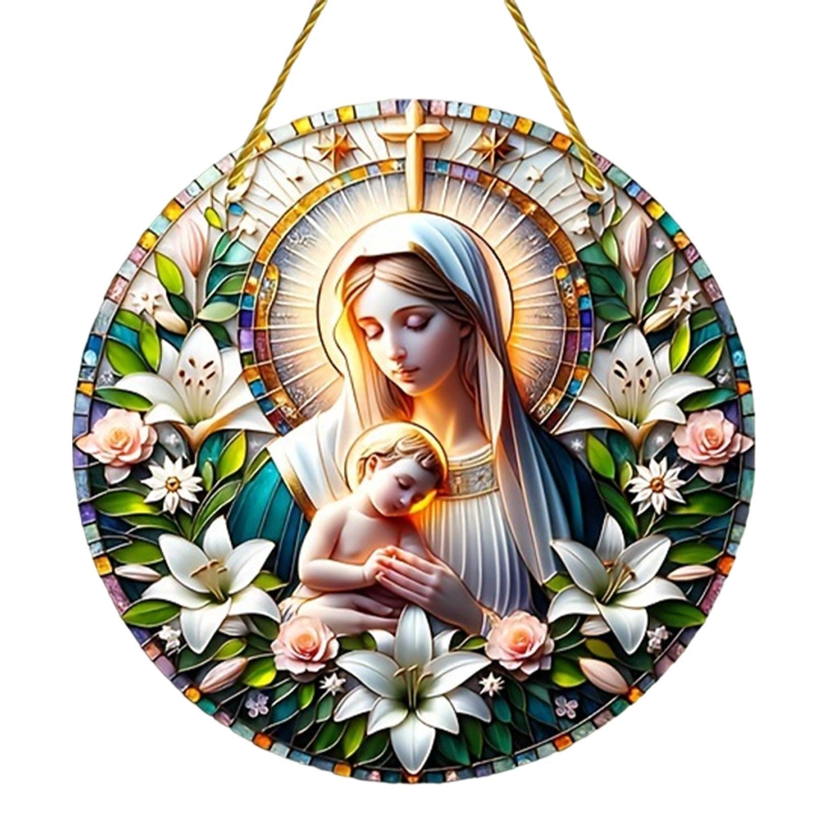 Christiandiscipleshop Realistic Style Virgin Mary Floral Wreath Star Christmas Hanging Ornaments