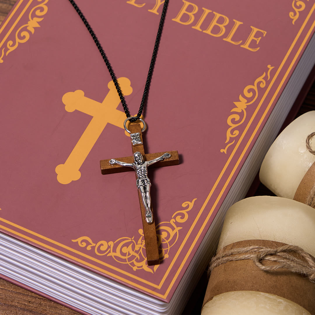 Christiandiscipleshop Classic Style Wooden Craft Alloy Crucifix Faith Pendant Necklace