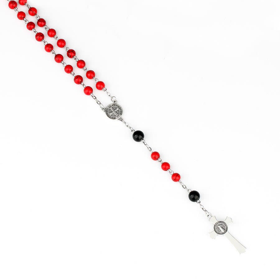 Christiandiscipleshop St. Benedict Medal & Crucifix of 6mm Round Red Turquoise Alloy Chain Rosary
