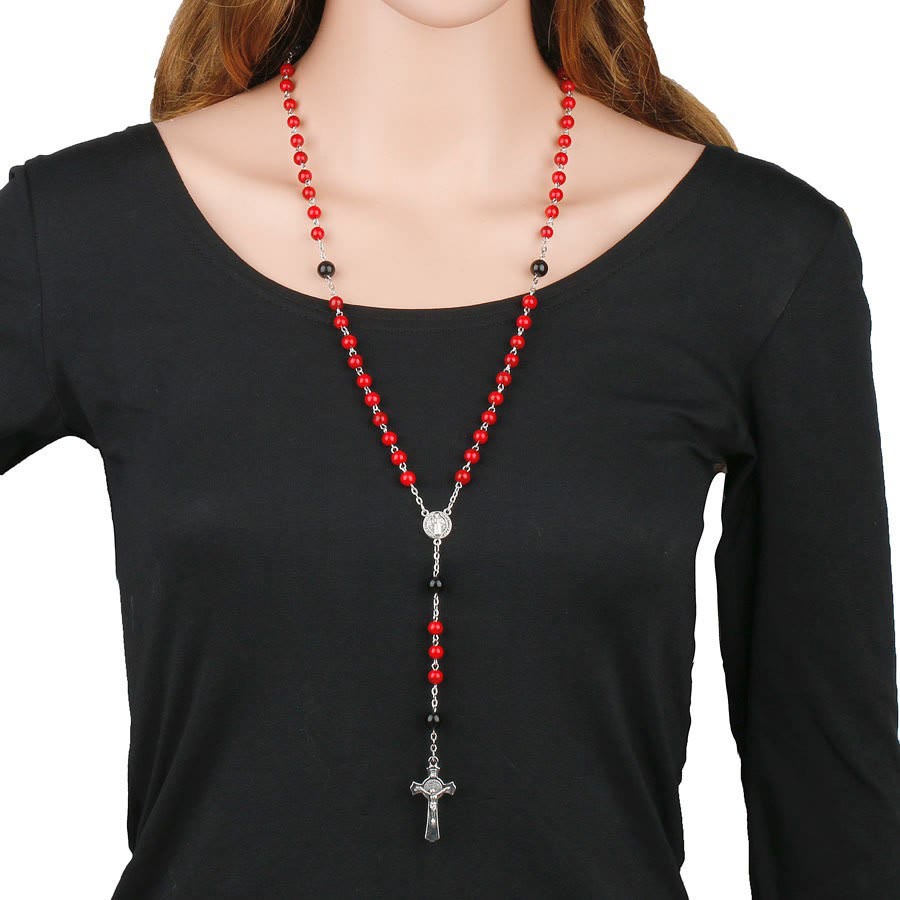 Christiandiscipleshop St. Benedict Medal & Crucifix of 6mm Round Red Turquoise Alloy Chain Rosary