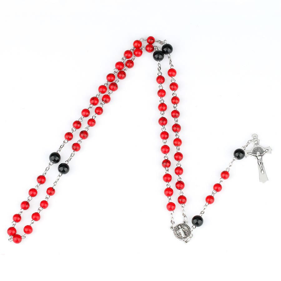 Christiandiscipleshop St. Benedict Medal & Crucifix of 6mm Round Red Turquoise Alloy Chain Rosary