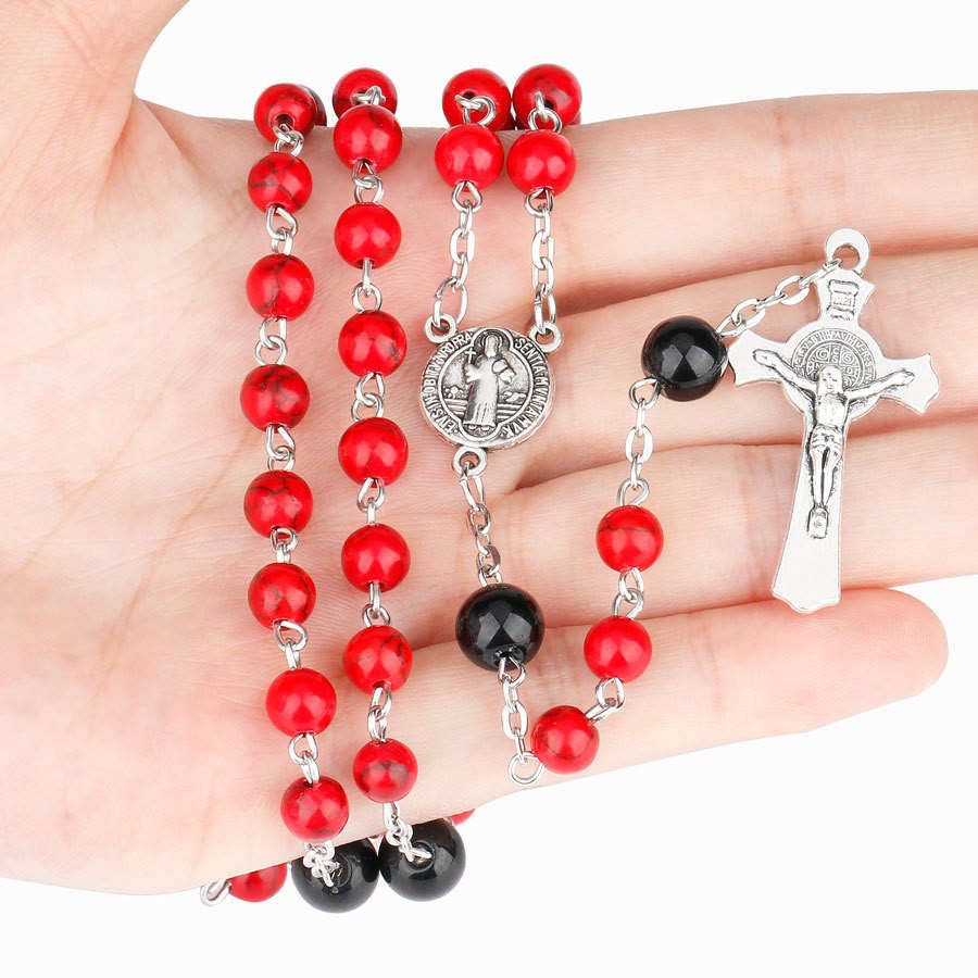 Christiandiscipleshop St. Benedict Medal & Crucifix of 6mm Round Red Turquoise Alloy Chain Rosary