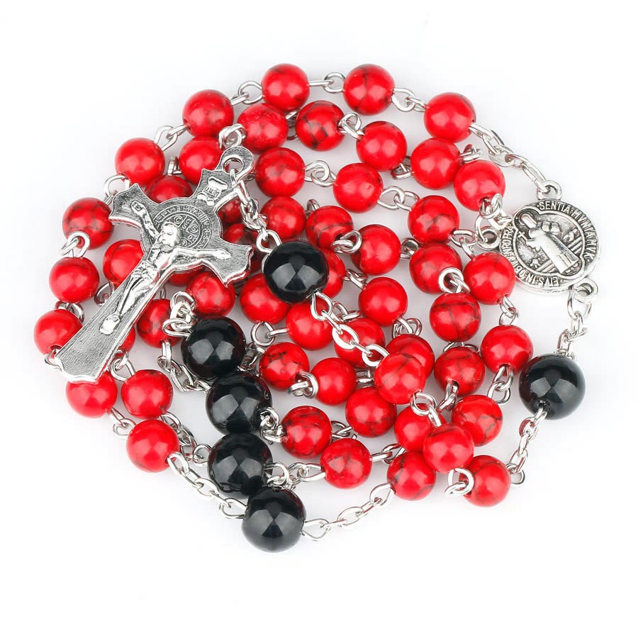Christiandiscipleshop St. Benedict Medal & Crucifix of 6mm Round Red Turquoise Alloy Chain Rosary