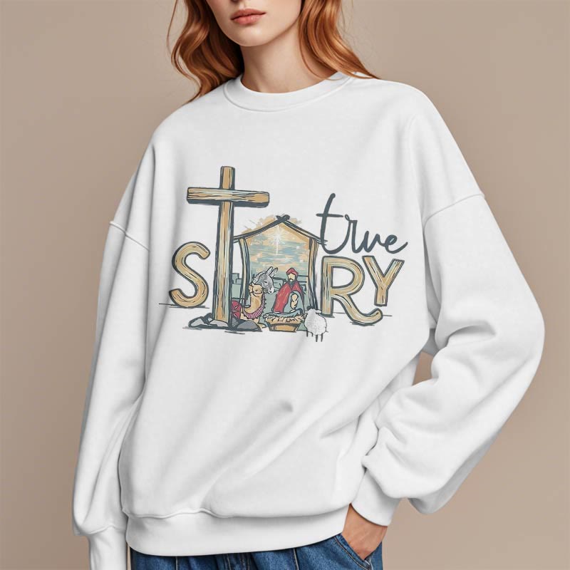 Christiandiscipleshop Modern Style True Story Nativity Scene Fleece Lined Polyester Sweatshirt