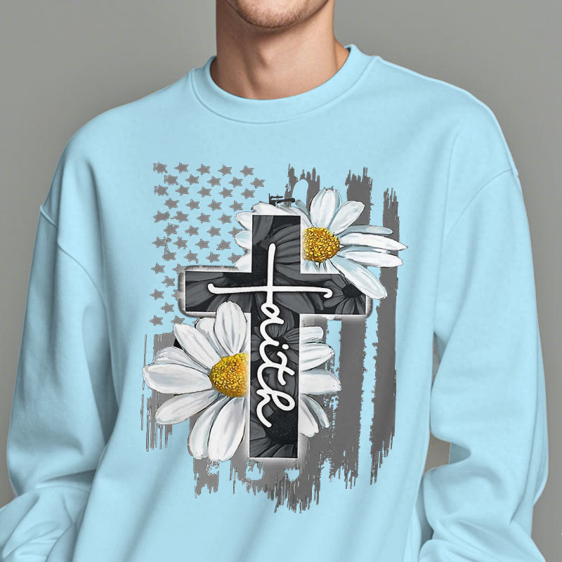 christiandiscipleshop Modern Style Faith Cross and Daisies Fleece Lined Polyester Sweatshirt