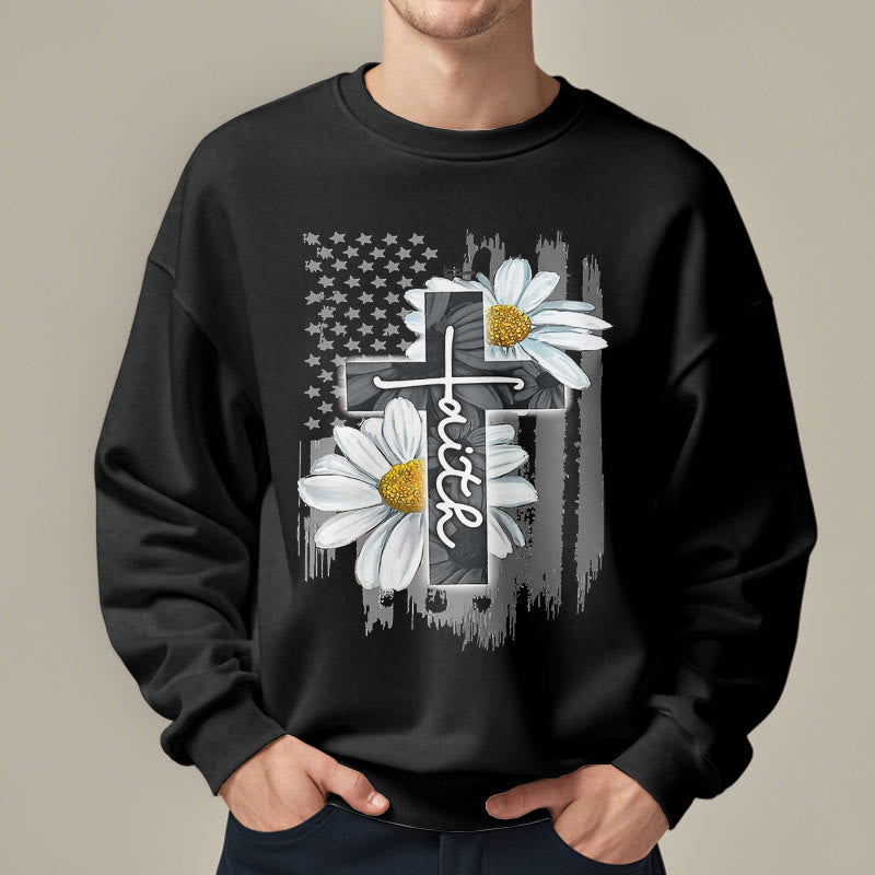 christiandiscipleshop Modern Style Faith Cross and Daisies Fleece Lined Polyester Sweatshirt