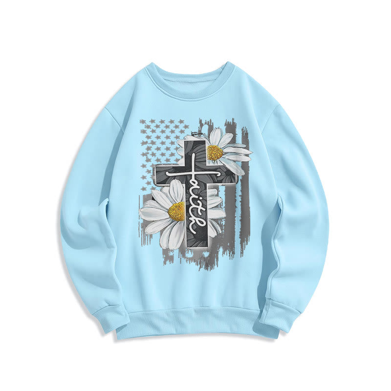 christiandiscipleshop Modern Style Faith Cross and Daisies Fleece Lined Polyester Sweatshirt