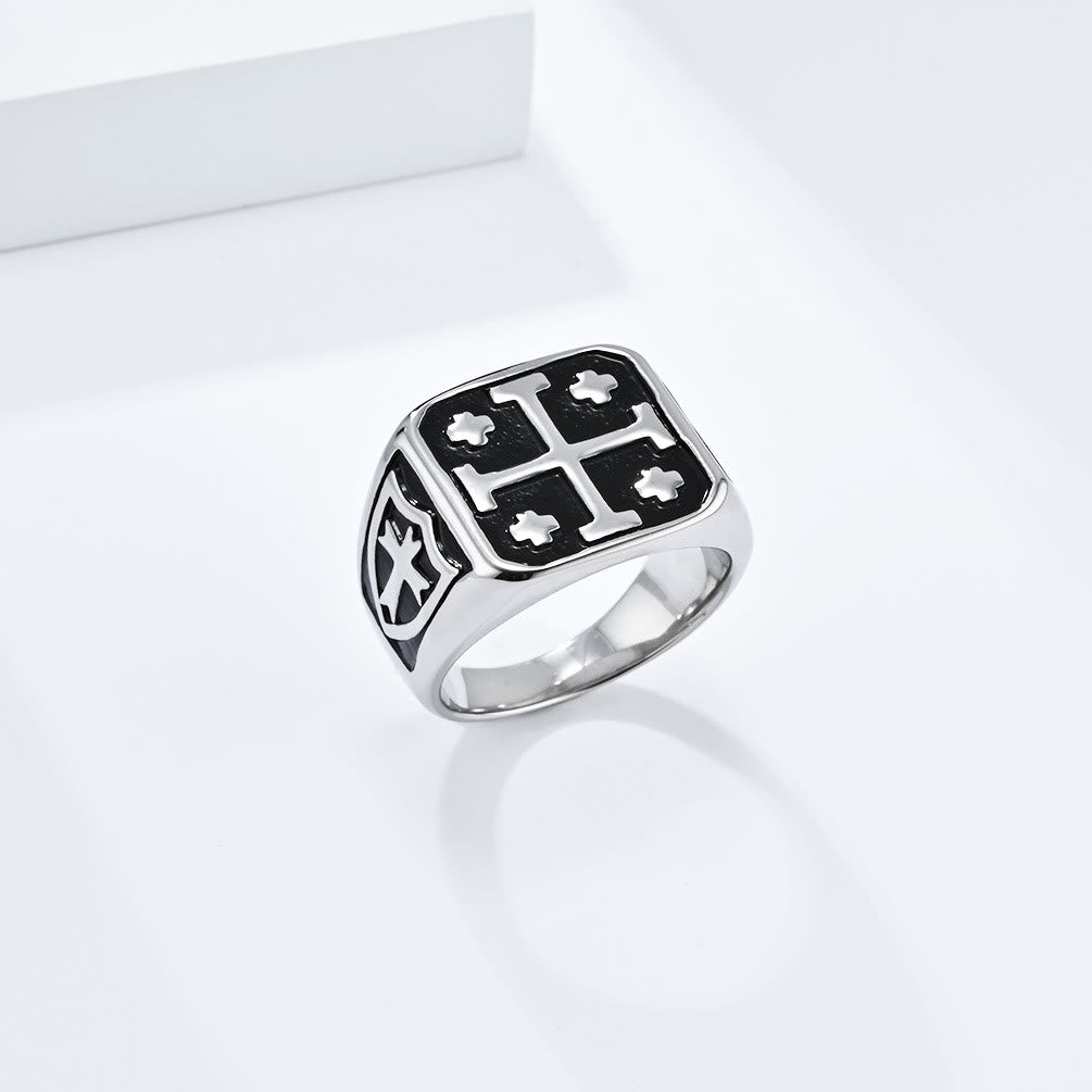 Christiandiscipleshop Classic Style Jerusalem Cross Shield Signet Devine Faith Ring
