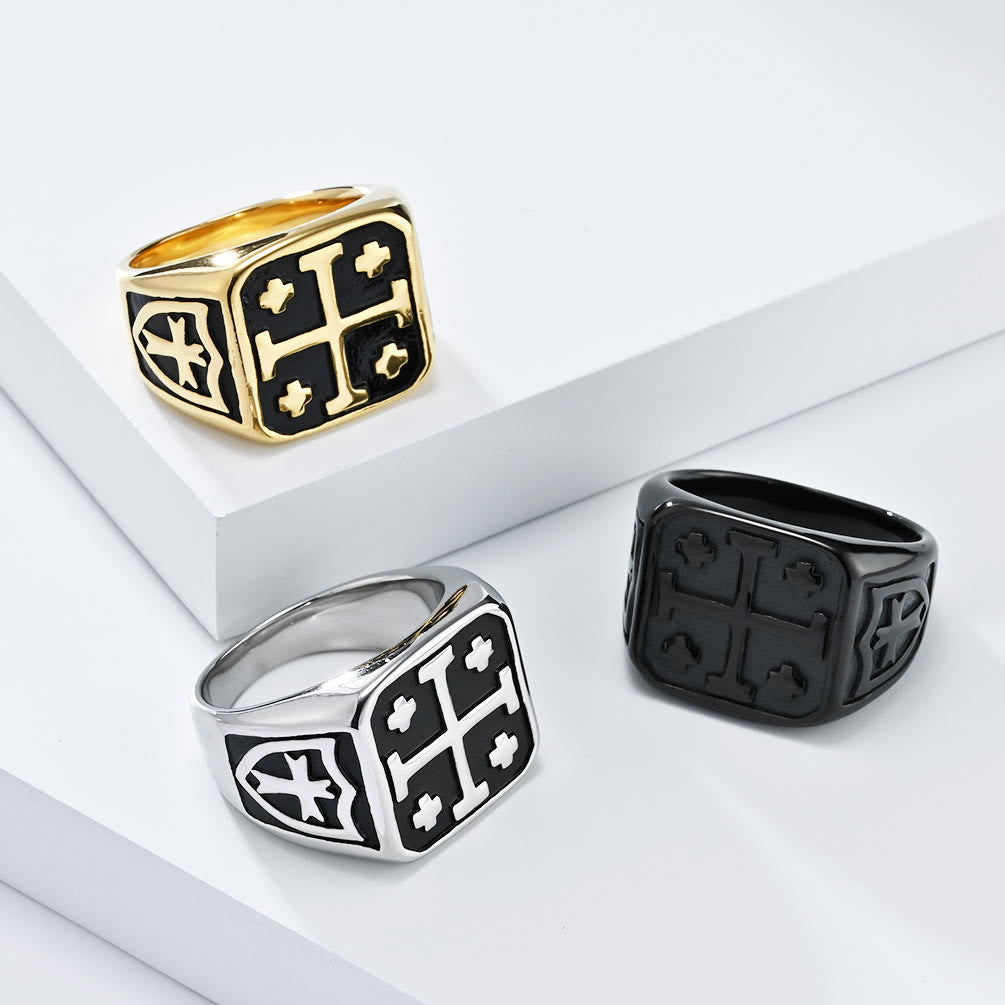 Christiandiscipleshop Classic Style Jerusalem Cross Shield Signet Devine Faith Ring