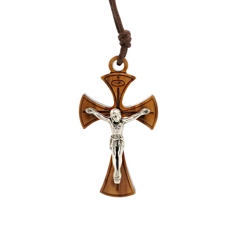 Christiandiscipleshop Classic Style Curved Olive Wood Crucifix Cross Pendant Necklace