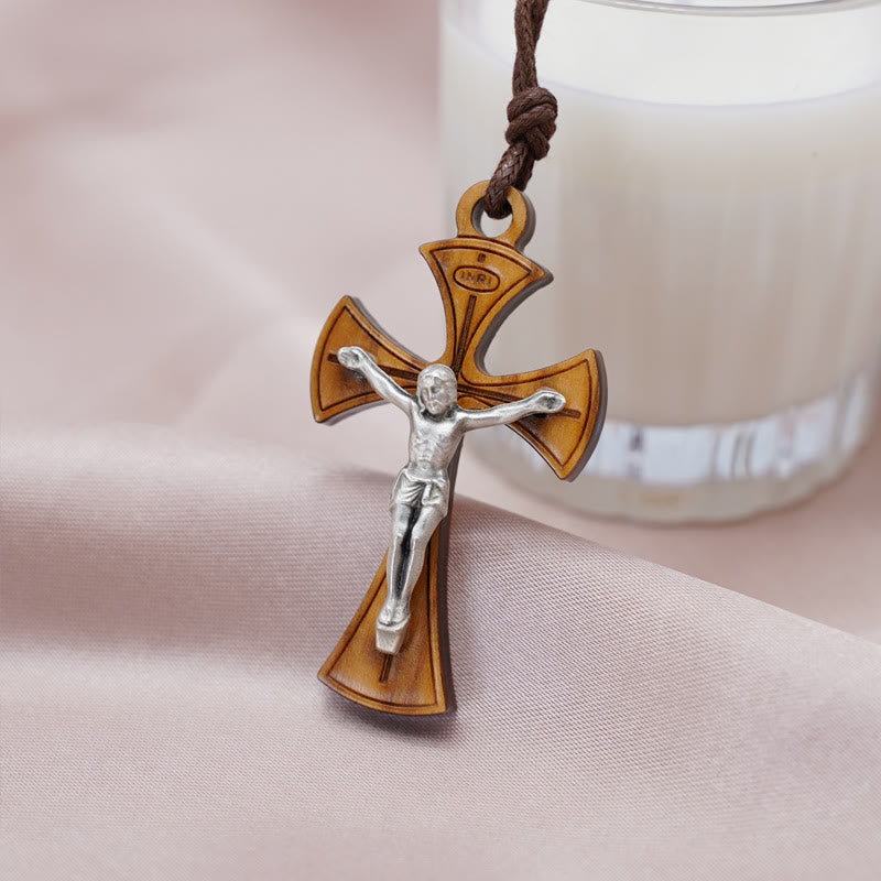 Christiandiscipleshop Classic Style Curved Olive Wood Crucifix Cross Pendant Necklace