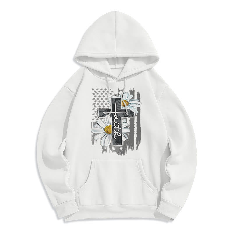 christiandiscipleshop Modern Style Faith Cross and Daisies Fleece Lined Polyester Hoodie