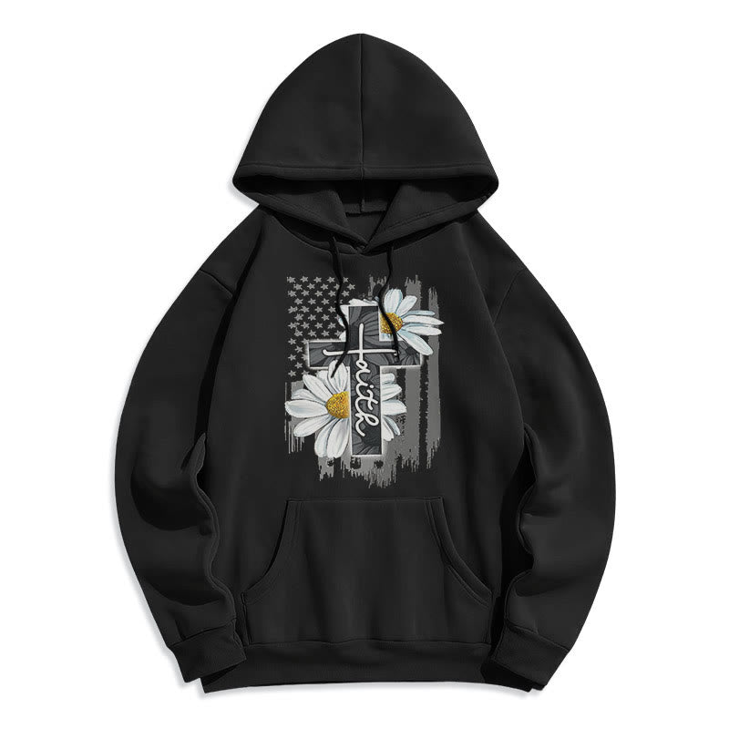 christiandiscipleshop Modern Style Faith Cross and Daisies Fleece Lined Polyester Hoodie