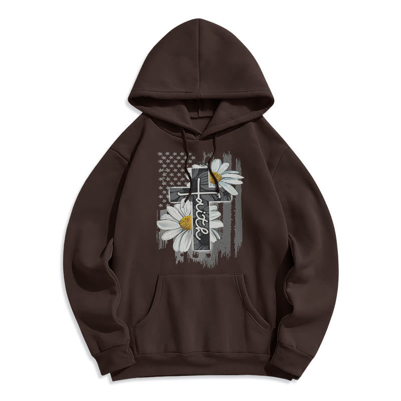 christiandiscipleshop Modern Style Faith Cross and Daisies Fleece Lined Polyester Hoodie