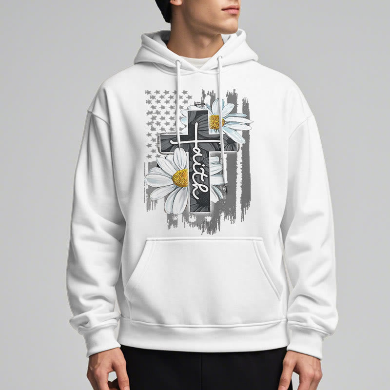 christiandiscipleshop Modern Style Faith Cross and Daisies Fleece Lined Polyester Hoodie