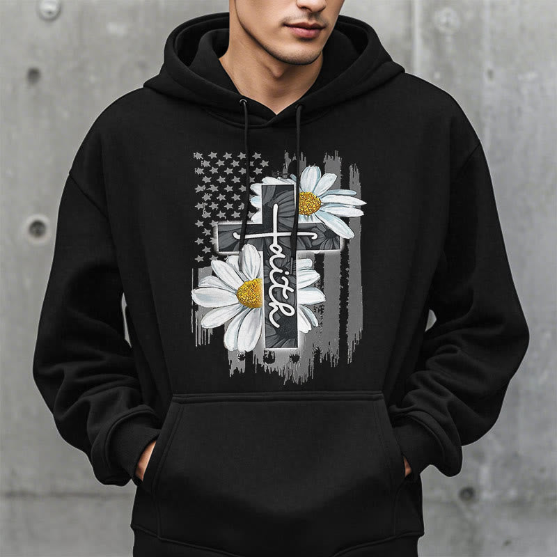 christiandiscipleshop Modern Style Faith Cross and Daisies Fleece Lined Polyester Hoodie
