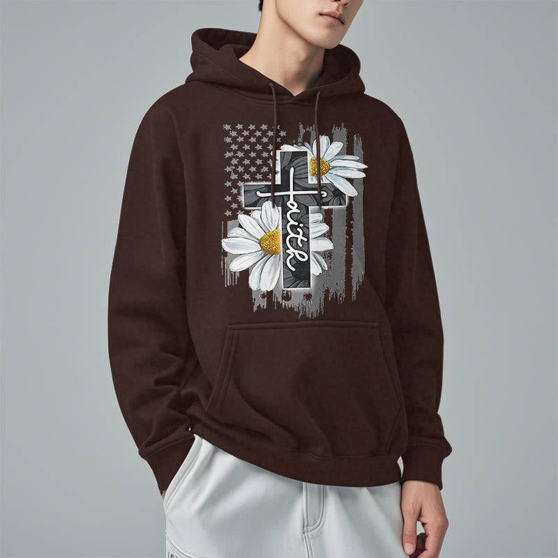 christiandiscipleshop Modern Style Faith Cross and Daisies Fleece Lined Polyester Hoodie