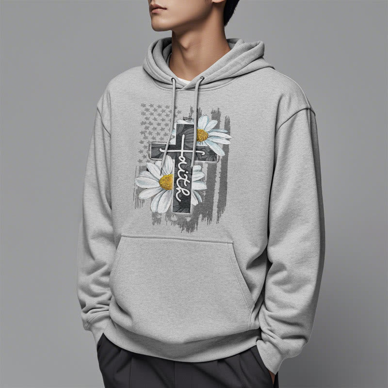 christiandiscipleshop Modern Style Faith Cross and Daisies Fleece Lined Polyester Hoodie