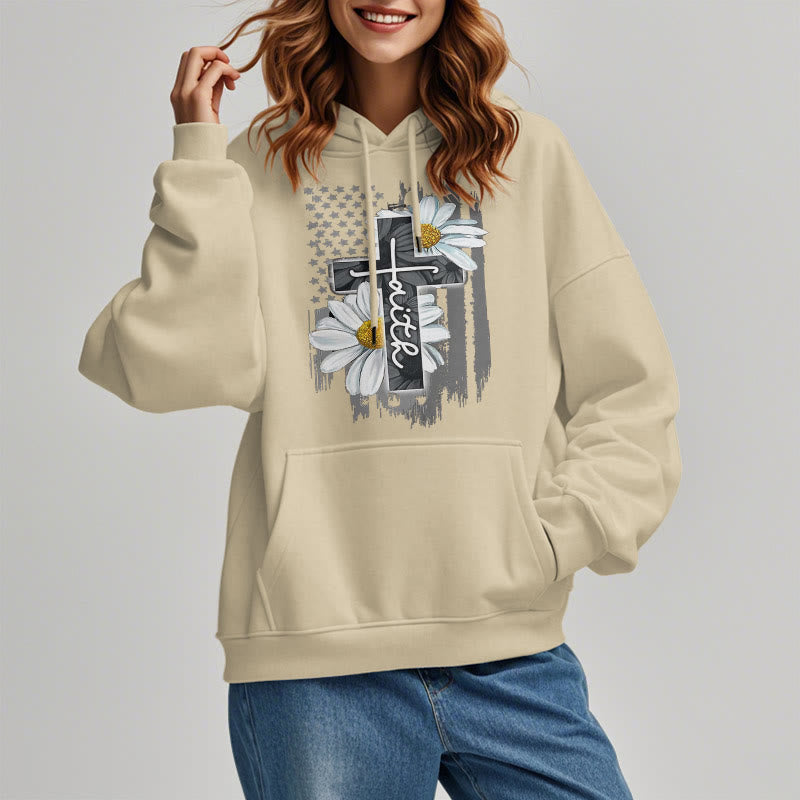 christiandiscipleshop Modern Style Faith Cross and Daisies Fleece Lined Polyester Hoodie