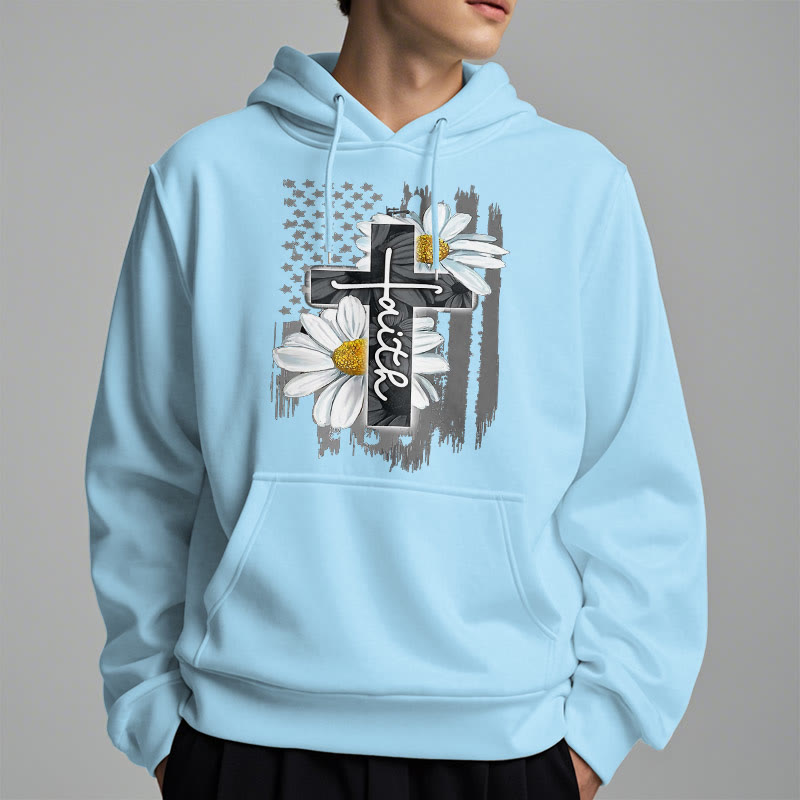 christiandiscipleshop Modern Style Faith Cross and Daisies Fleece Lined Polyester Hoodie
