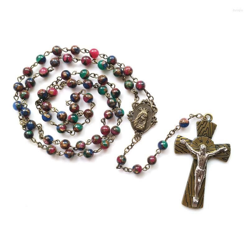 christiandiscipleshop Virgin Mary & Crucifix of 6 mm Round Multicolor Stone Alloy Chain Rosary