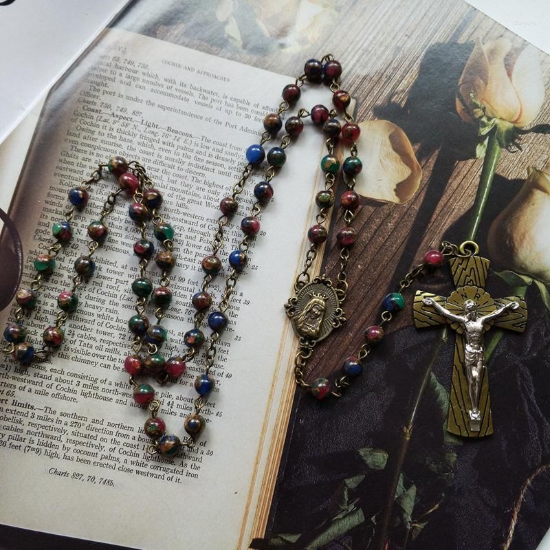 christiandiscipleshop Virgin Mary & Crucifix of 6 mm Round Multicolor Stone Alloy Chain Rosary