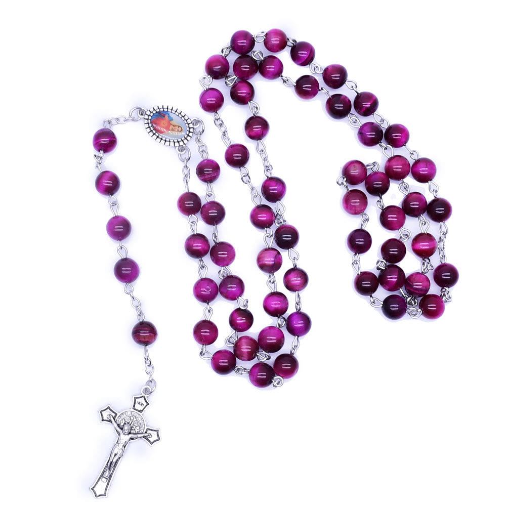 christiandiscipleshop Immaculate Heart of Mary & Crucifix of 8 mm Round Purple Stone Alloy Chain Rosary