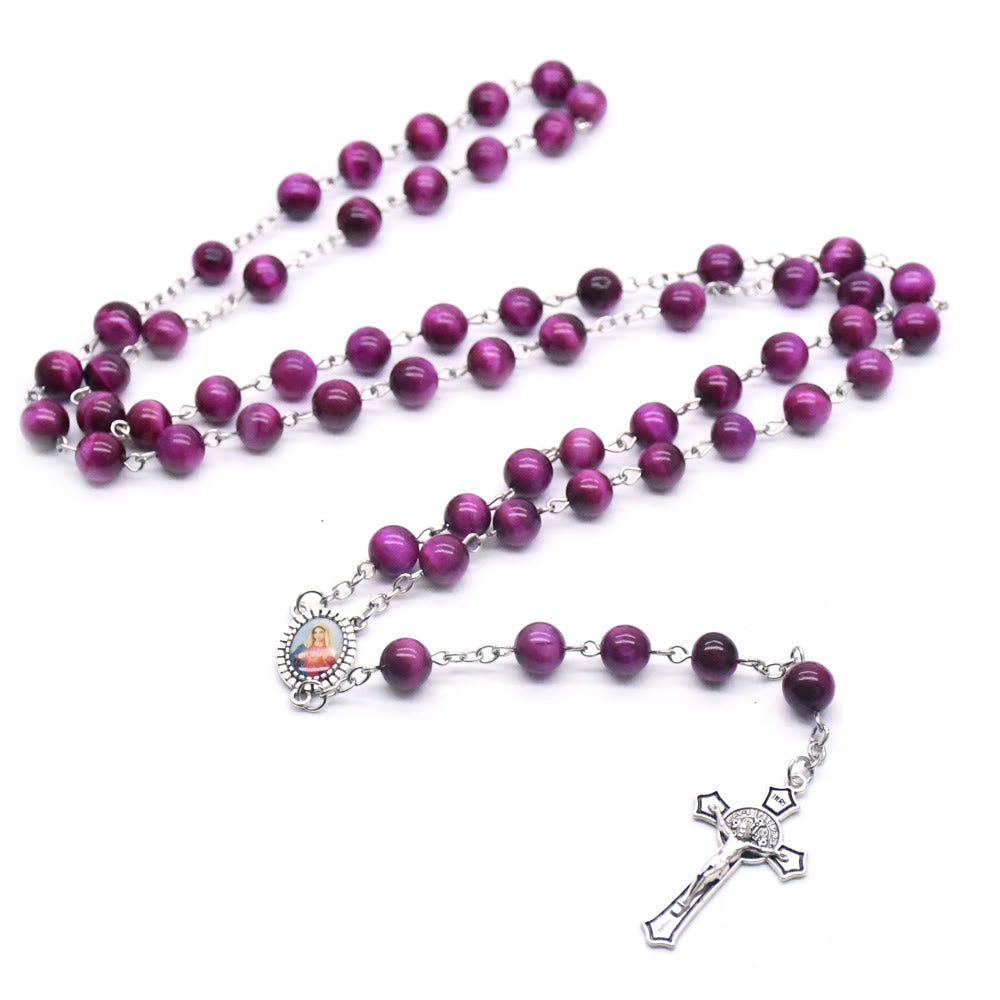 christiandiscipleshop Immaculate Heart of Mary & Crucifix of 8 mm Round Purple Stone Alloy Chain Rosary