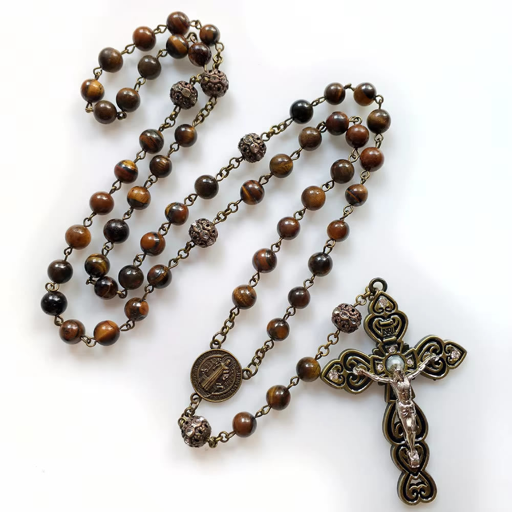 Christiandiscipleshop St. Benedict & Crucifix of 8 mm Round Brown Stone Alloy Chain Rosary