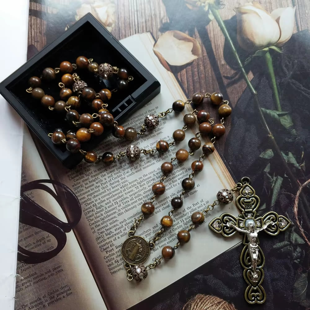Christiandiscipleshop St. Benedict & Crucifix of 8 mm Round Brown Stone Alloy Chain Rosary