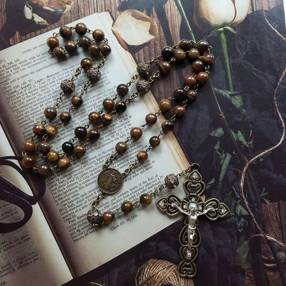 Christiandiscipleshop St. Benedict & Crucifix of 8 mm Round Brown Stone Alloy Chain Rosary