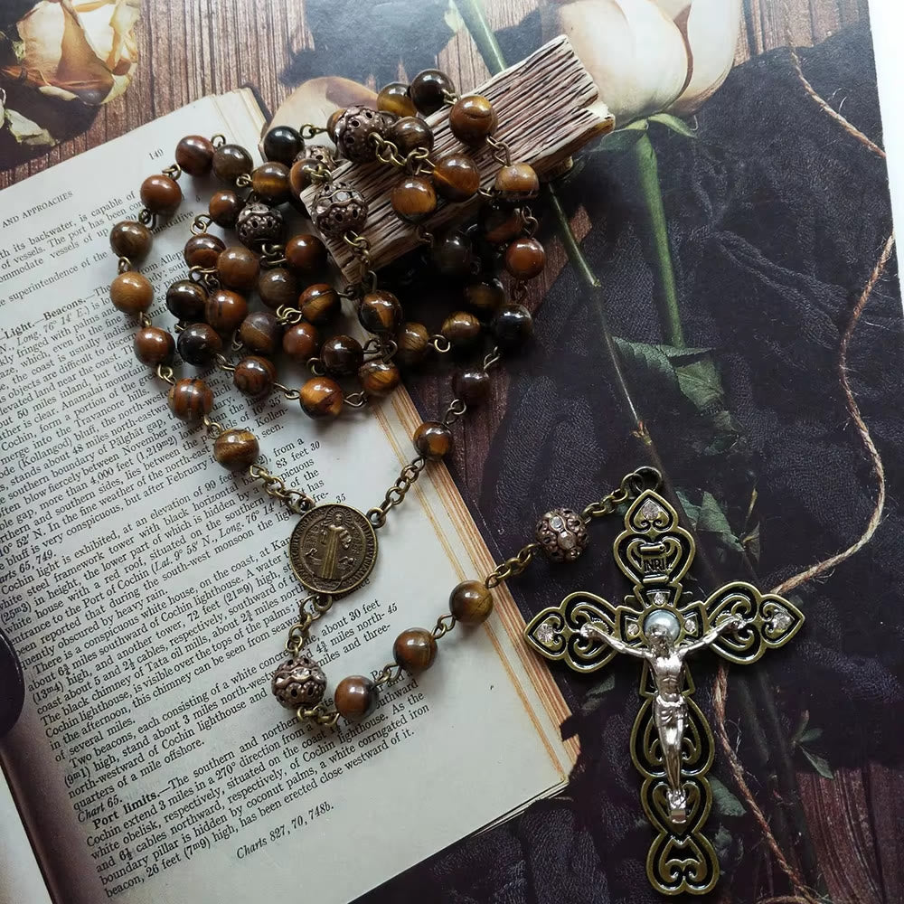 Christiandiscipleshop St. Benedict & Crucifix of 8 mm Round Brown Stone Alloy Chain Rosary