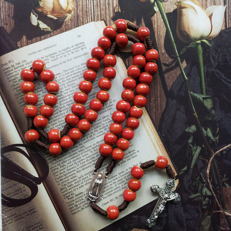 Christiandiscipleshop Our Lady of Guadalupe & Crucifix of 10 mm Round Red Ceramic Nylon Cord Rosary