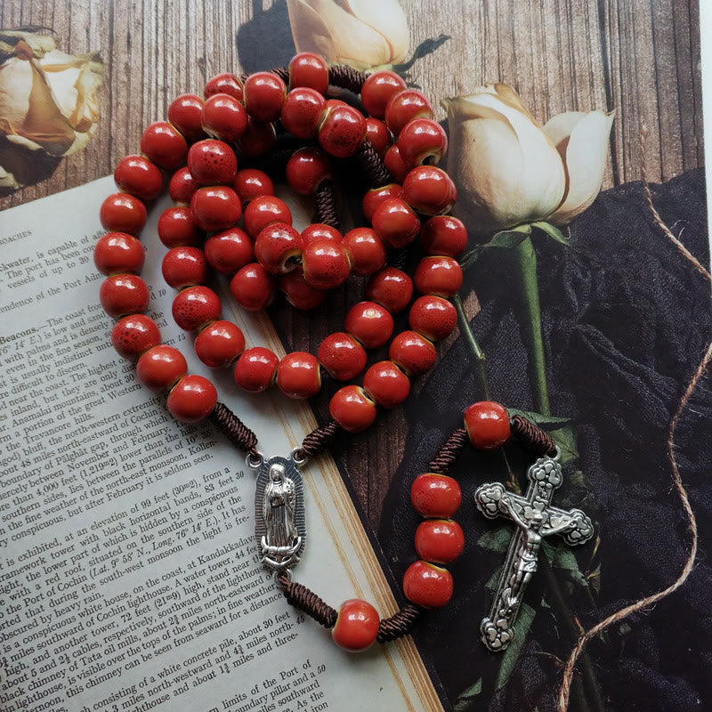 Christiandiscipleshop Our Lady of Guadalupe & Crucifix of 10 mm Round Red Ceramic Nylon Cord Rosary