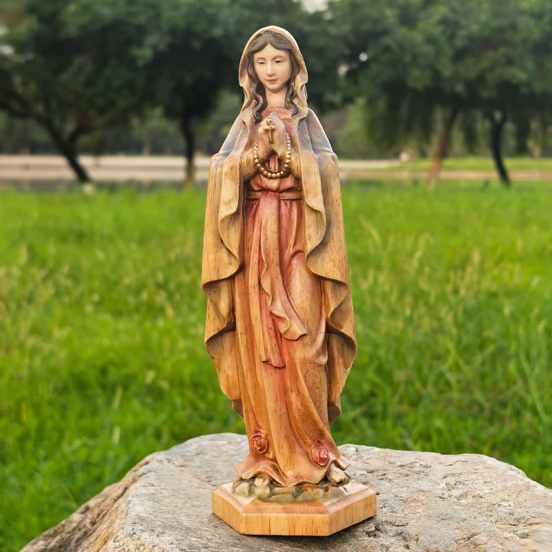 Christiandiscipleshop Classic Style Crafted Virgin Mary Holding Rosary Wooden Desktop Decorations Ornament