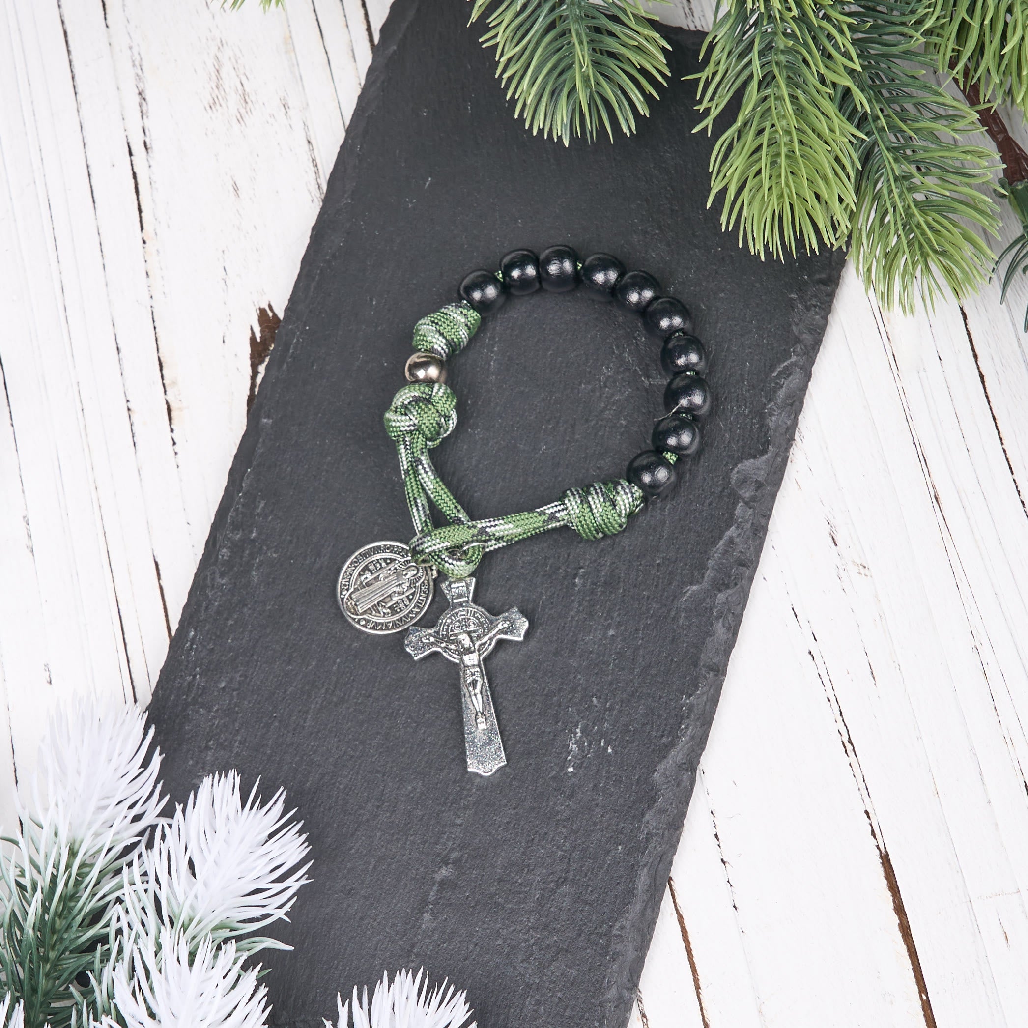 Christiandiscipleshop St. Benedict Medal & Crucifix of 10 mm Round Black Wood Green Paracord Pocket Rosary