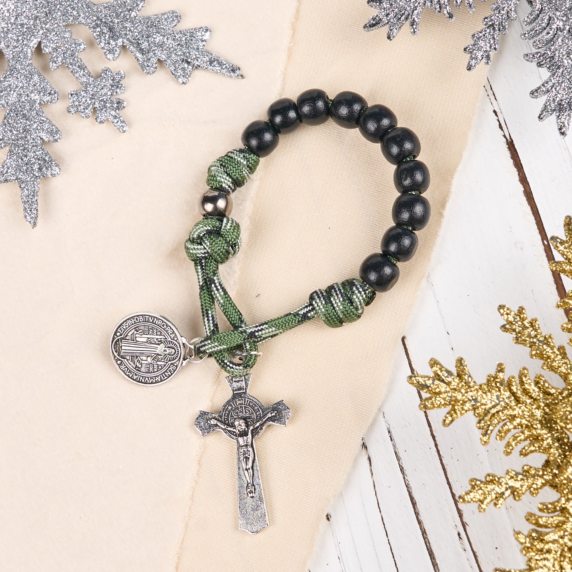 Christiandiscipleshop St. Benedict Medal & Crucifix of 10 mm Round Black Wood Green Paracord Pocket Rosary