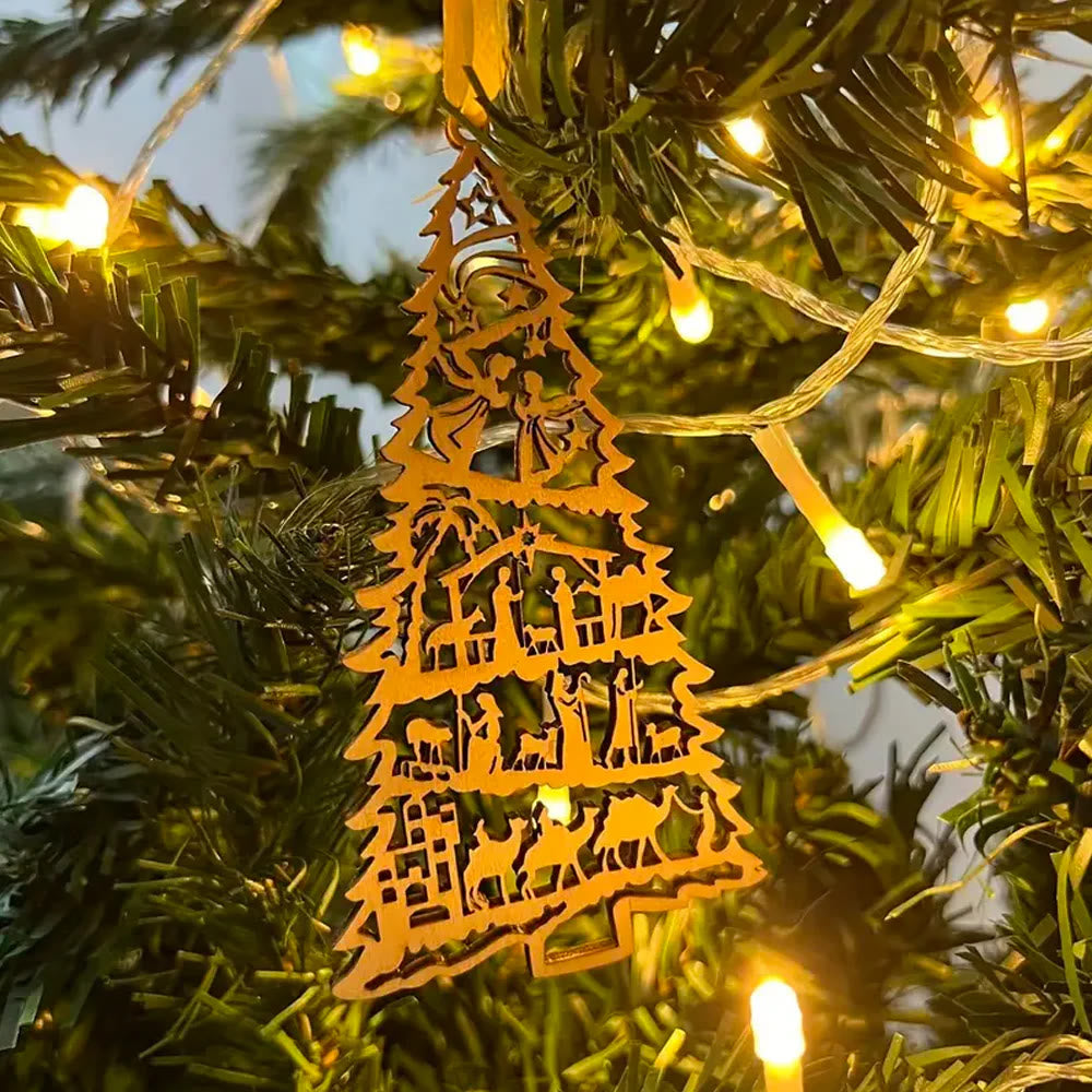 Christiandiscipleshop Classic Style Nativity Scene Tree-Shaped Wooden Christmas Nativity Hanging Ornaments